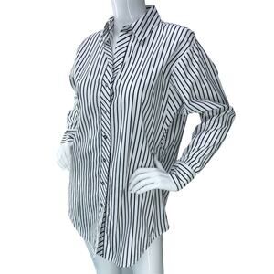 Go Silk Womens Size S Striped Cotton Big Shirt Black White Long Button Up Blouse